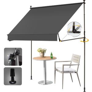 HOMEDEMO Manual Retractable Awning 79"x118" Foldable Side Bar 30-180,Outdoor Patio Awning Height Adjustable 82-118in Retractable Awning UV 50+ Protection,NO Drilling Awings for Backyard (Dark Gray)