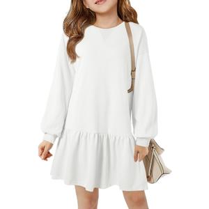 Haloumoning Girls Long Sleeve Dresses Sweatshirt Dress Kids Casual Crewneck Rib Knit Mini Dress 5-14 Years (11-12 Years, White)