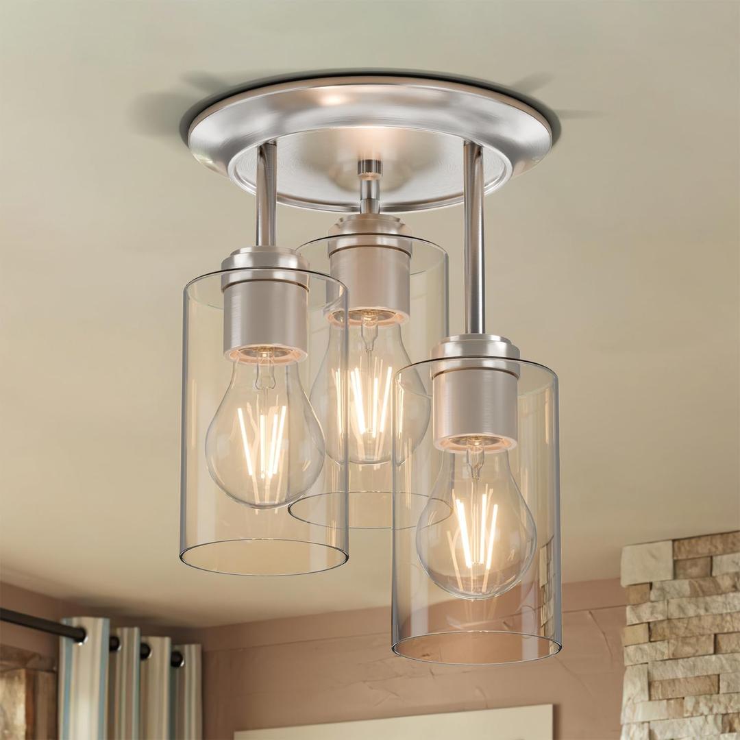 Kalium 3-Lights Semi Flush Mount Ceiling Light Fixture, Farmhouse Light Fixtures, Ceiling Light Decor for Kitchen, Foyer, Entryway, Brushed Nickel with Clear Glass Shade.