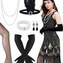 PLULON 1920s Dresses for Women, Sequin Fringed Gatsby Flapper Cocktail Dresses with 20s Accessories Set, Roaring 20s Costumes, Black and Gold, L