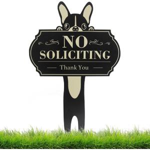 No Soliciting Sign for House - Funny Metal No Soliciting Outdoor Yard Signs for Door Yard Decoration Gifts for Dog Owner, for Home House and Business | Made with Iron 15"x9.5" (Plug into)