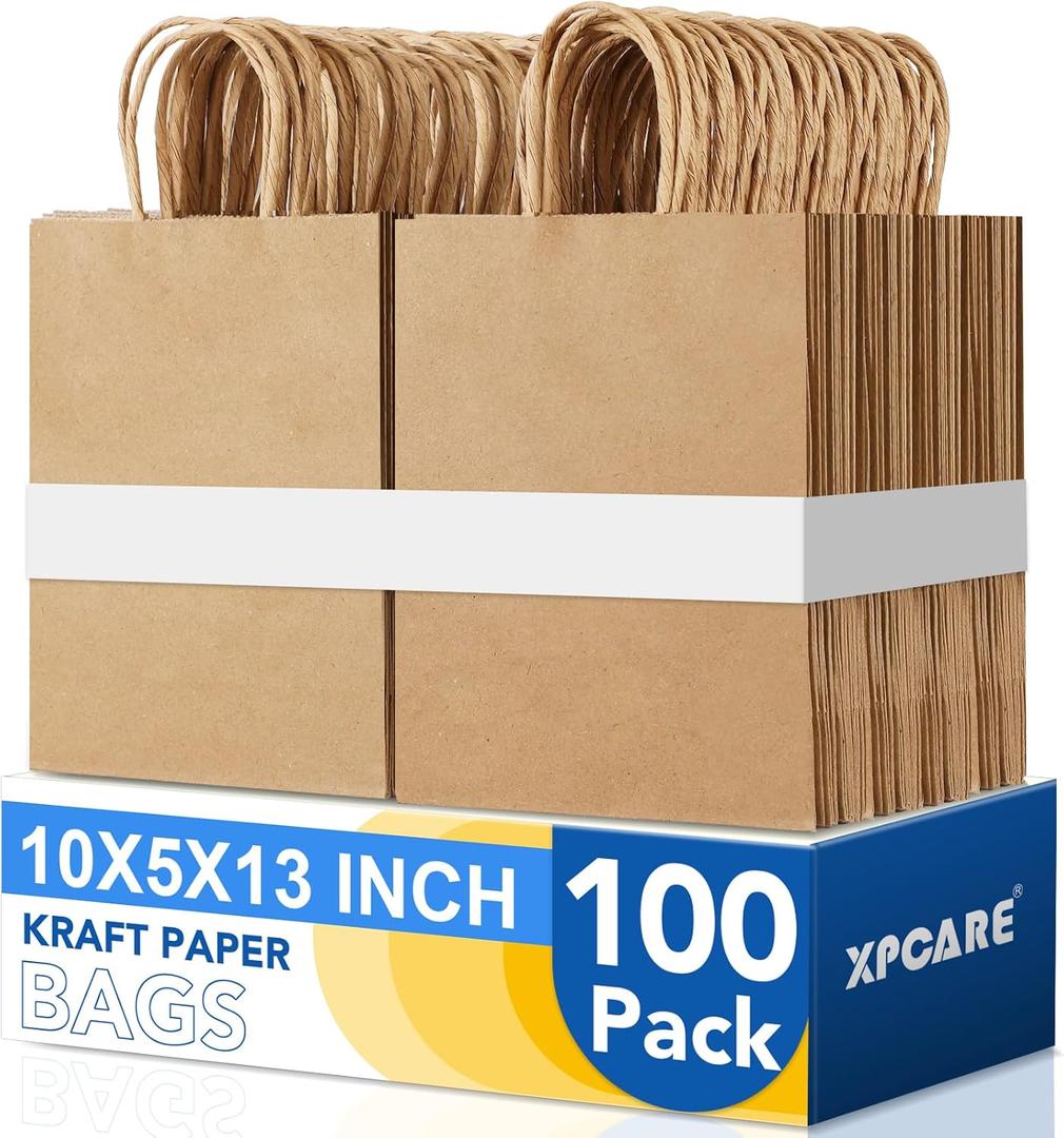 XPCARE Large Brown Paper Bags, 100 Packs 10x5x13 Inch Gift Bags with Handles Bulk Paper Bag with Handles Retail Kraft Paper Bag Brown Gift Bags for Wedding Party Shopping