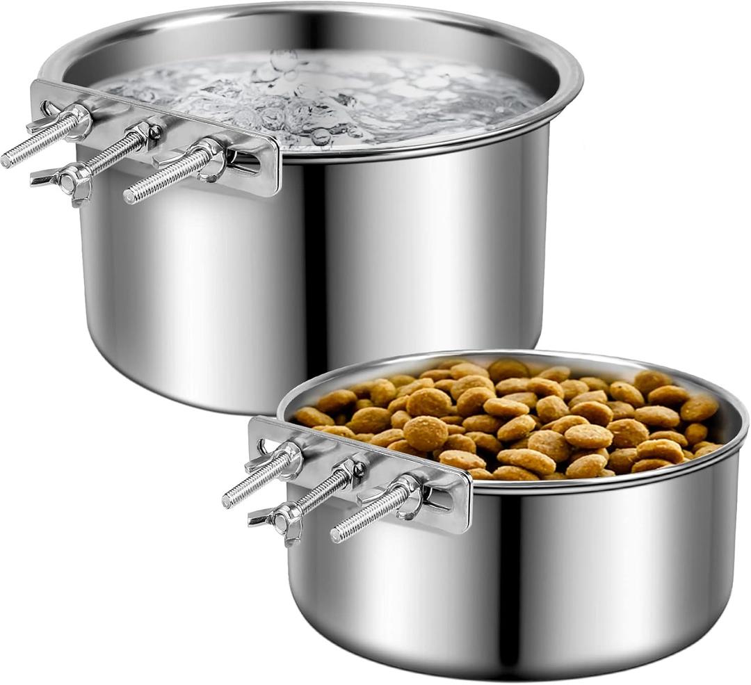 Stainless Steel Dog Bowls, ShineMe 40oz & 60oz No Spill Dog Crate Water and Food Bowls with Hanging Hook for Kennel, Cage and More, 7.0 x 3.7 & 6.2 x 2.5 Feeder Dish for Large and Medium Dogs (Silver)