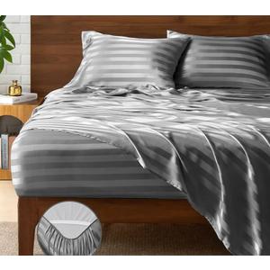 Satin Sheets Queen Size, Luxury Jacquard Striped Dark Grey Bedsheets with Elastic Corner Straps, Similar to Silk Sheets Set 4 PC with 1 Deep Pocket Fitted Sheet, 1 Flat Sheet, & 2 Pillowcases