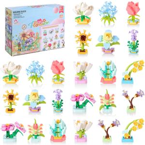 FODAHRWS 24 Pack Flowers Building Sets, 980PCs Tiny Plants Mini Flowers Building Blocks Toy for Home or Office Decor, Mother's Day Valentine Christmas Birthday Gifts for Boys Girls 3+