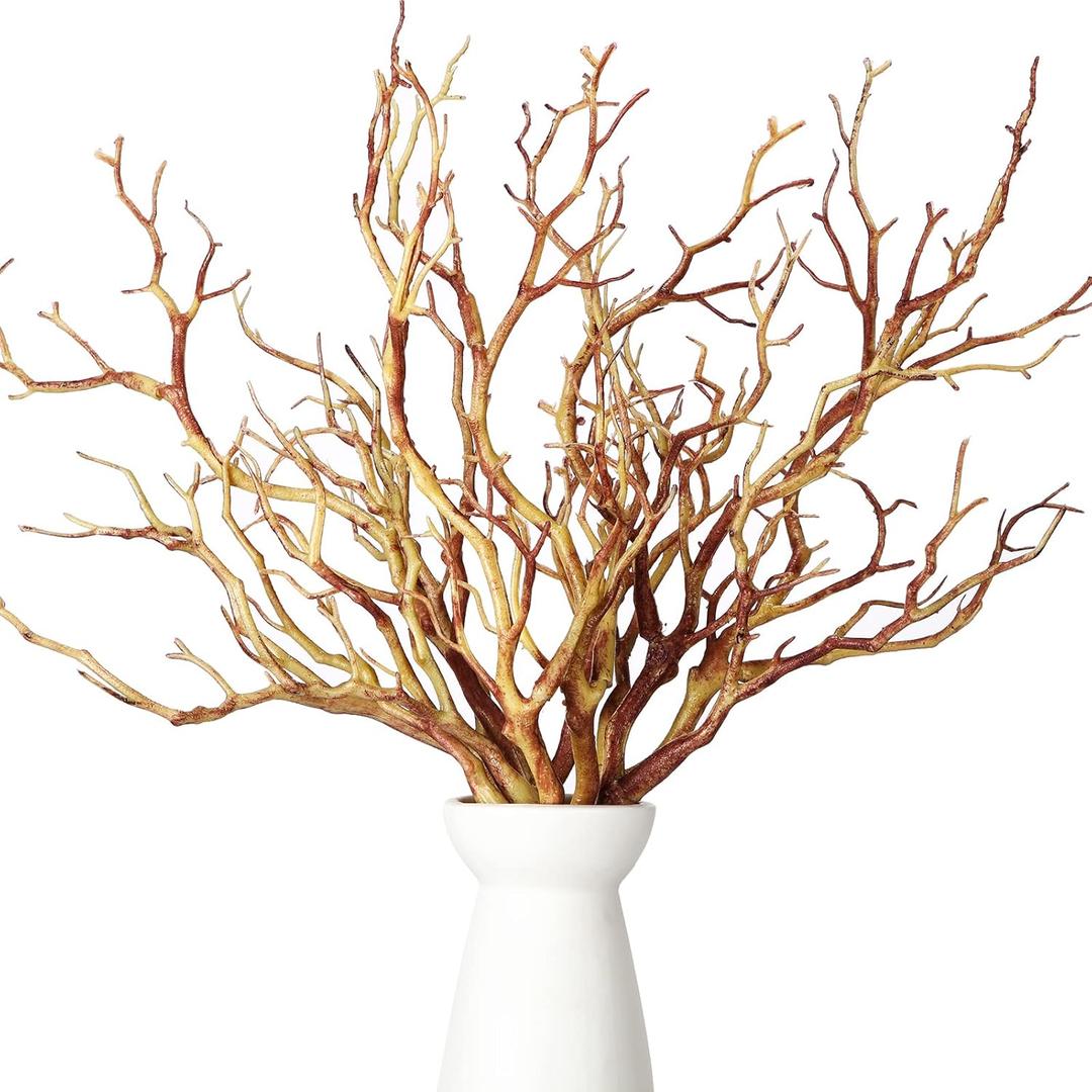 Geosar 13.8 Inch Small Manzanita Branches Plastic Faux Branches Artificial Antler Shaped Tree Branch Decorative Plant Twigs for Home Wedding Table Centerpiece Festival Decors(Light Brown,10 Pieces)