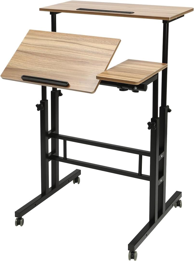 Mobile Standing Desk Stand Up Desk, Height Adjustable Home Office Desk with Standing & Seating 2 Modes, Tilting Tabletop & Flexible Wheels, Rolling Laptop Cart Sit Stand Desks