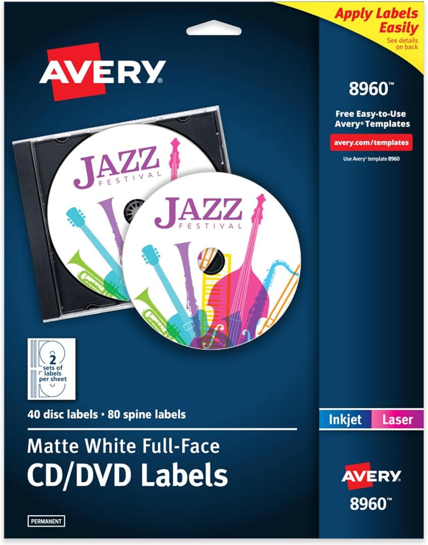 Avery Printable Full-Face CD Labels, Matte White, Permanent Adhesive, Laser/Inkjet Printable, 40 Disc & 80 Spine Labels, Ideal for CDs, DVDs, PC Discs, Media Projects & More (8960) (4 1/2" diameter)