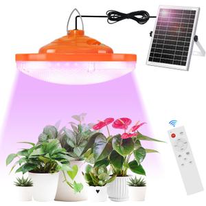 96 LED Solar Grow Lights Battery Powered, Full Spectrum Hanging Grow Light for Indoor Outdoor Plants with Timer, Solar Plant Lamp for Greenhouse with Remote Control, 2 Charging Way, 16.6FT Cord
