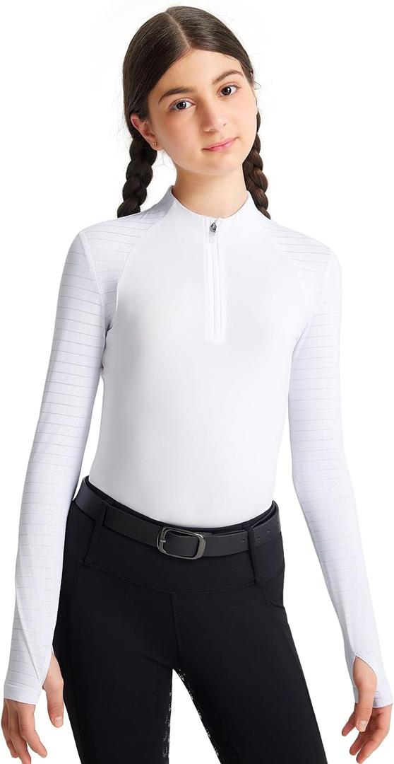 FitsT4 Sports Girls Long Sleeve Equestrian Shirt Summer Horse Riding Shirts Half Zip Horseback Show Shirt Athletic Tops (Small, White)
