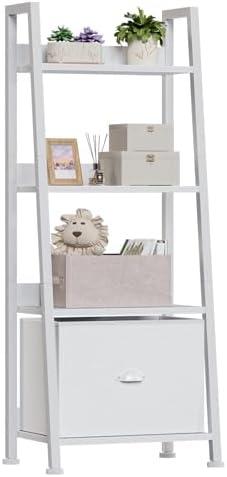Furologee 4-Tier White Ladder Shelf, Ladder Bookshelf with Removable Drawer, Bookcase Storage Rack Organizer, Freestanding Storage Shelves for Living Room, Home Office, Bedroom
