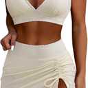SUUKSESS Women High Waisted Bikini Sets with Skirt Sexy Crisscross Back Swimsuit (Beige, L)