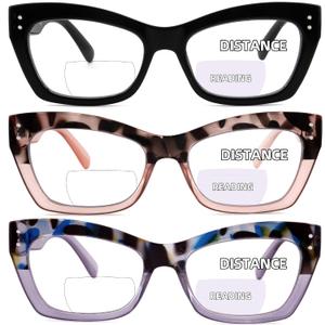 3 Pack Bifocal Reading Glasses for Women Fashion Clear Top Bi-focal Readers Full Lenses Dual Focal Eyeglasses