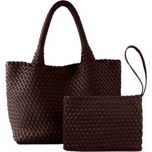 SporGenius Woven Tote Bag for Women, Vegan Leather Handwoven Bags with Small Purse, Large Braided Purses Top Handle Handbags (Coffee)