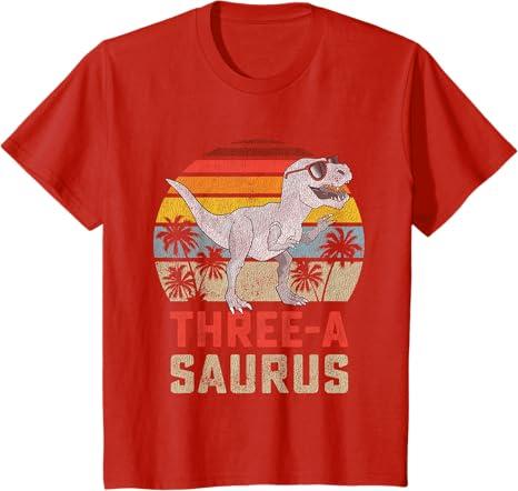 Three a Saurus Birthday T Rex 3 Year Old Dino 3rd Dinosaur T-Shirt, Red, Kids 4