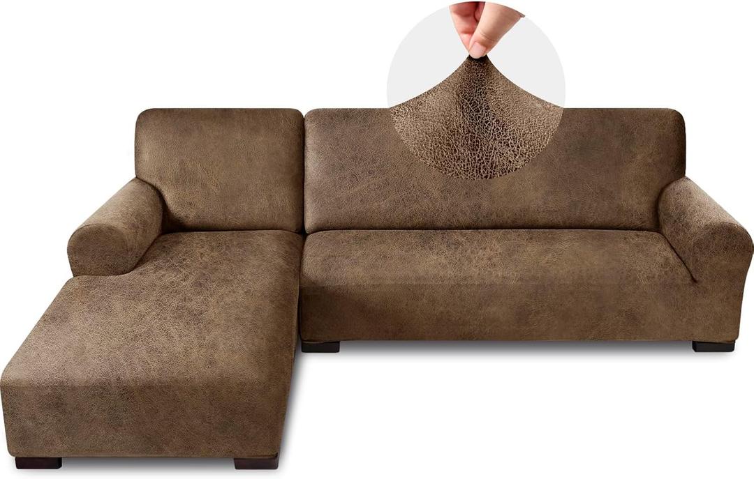 Sectional Couch Covers, Leather Look Sofa Cover L Shape 2PCS Soft Stretch Slipcover for Sectional Sofa, Non Slip Furniture Protector (3 Seat Sofa + 3 Seat Right Chaise, Light Brown)