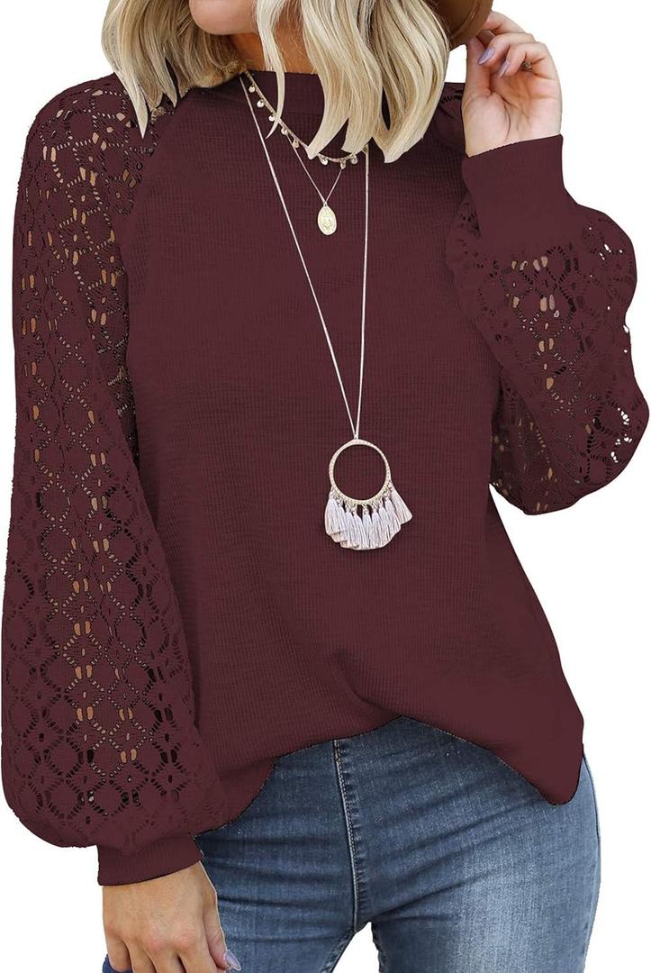 MIHOLL Women's Long Sleeve Tops Lace Casual Loose Blouses T Shirts (Large, Wine Red)