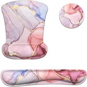 Wrist Rest Support Ergonomic Gel Mouse Pad & Memory Foam Keyboard Set Non-Slip Rubber PU Base Easy Typing and Relieve Wrist Pain Mouse Mat for Computer Office - Pink Marble