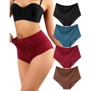 LEVAO Women's High Waist Lace Underwear, Soft Floral Lace Briefs with Full Coverage Panties for Women 4-Pack (Black,blue,burgundy,brown)