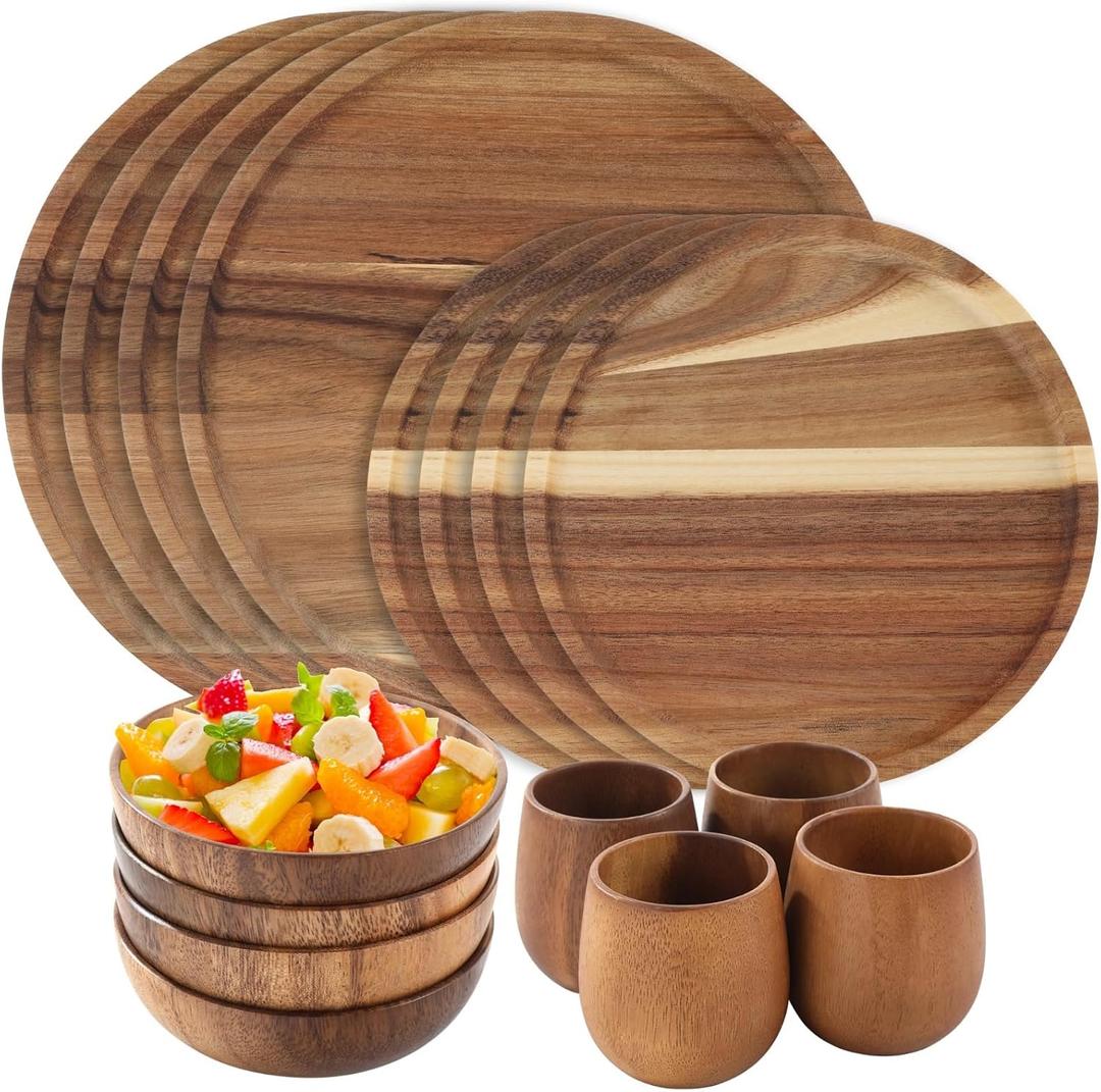 16 Pcs Acacia Wood Dinnerware Set, Includes 4 pcs 9.8-in Round Plates, 4 pcs 7.9-in Round Plates, 4 Solid Wood Bowls, and 4 Tea Cups, Easy to Clean & Lightweight, Perfect for Meals, Snacks & Desserts