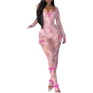 Lace Jumpsuit for Women Sexy Mesh Bow long Sleeve Bodycon One Piece Jumpsuits Summer Outfits Clubwear size L