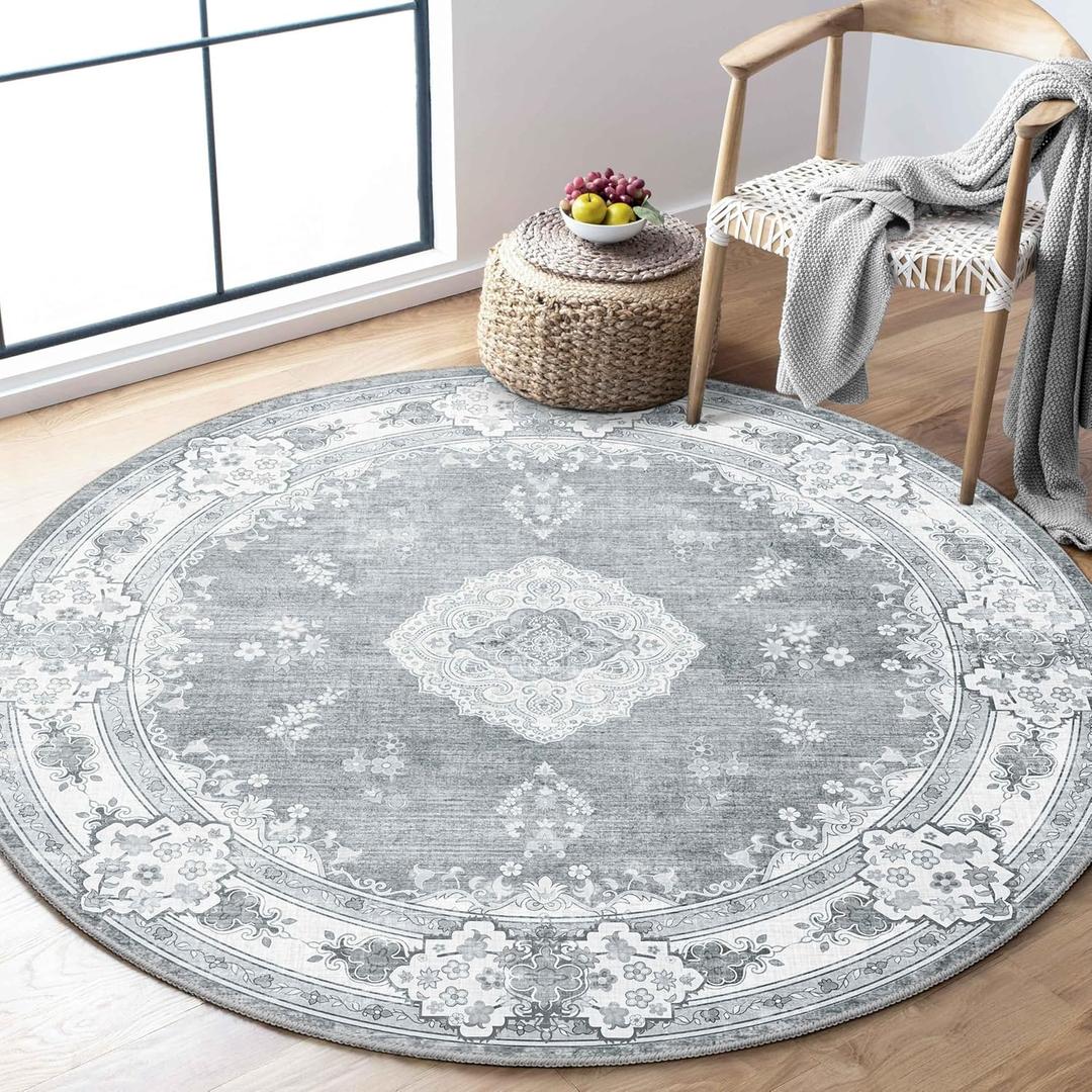 MUJOO Grey Round Rug 4ft,Circle Washable Area Rugs for Bedroom Living Room Bathroom,Vintage Bohemian Distressed Farmhouse Non Slip Circular Carpet,Floral MUJOO Grey Round Rug 4ft,Circle Washable Area Rugs for Bedroom Living Room Bathroom,Vintage Bohemian Distressed Farmhouse Non Slip Circular Carpet,Floral