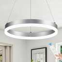 Benkut LED Ring Chandelier Modern Silver for Dining Room, Circular Flush Mount Ceiling Chandelier Light Dimmable Pendant Light with Remote Control for Kitchen Island Living Room(D12in 3000K-6500K)