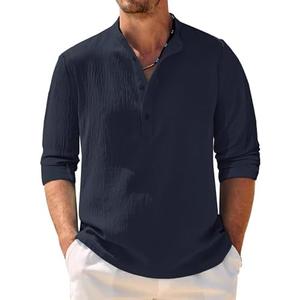 COOFANDY Men Button Collar Henley Shirt Summer Resort Wear Tee Shirt Fashion Beach T-Shirt Navy Blue, Large