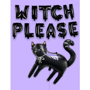 HOUSE OF PARTY Extra large 29.5 * 32 inch Black Cat Halloween Balloons Party Kit, 2 Sets of ' Witch Please' Letter Balloons + Witch's Cat Balloon for Halloween Birthday Party Decorations Supplies
