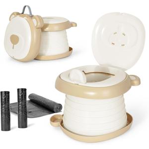 Orzbow Portable Potty Training Toilet, Travel Potty Seat for Toddler Boys Girls, Toilet Training Essentials, Foldable, Includes Free Travel Bag and Disposable Liners, Indoor/Outdoor Use, Khaki
