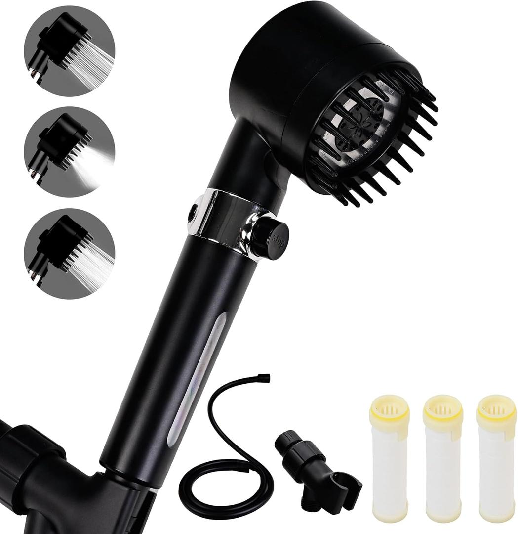 Filtered Shower Head with Handheld, High Pressure Water Flow and 4 Spray Modes, Power Wash for Hard Water, Showerhead Set with 59 HoseBracketFilters, ON/OFF Switch for Pets Bath (Black)