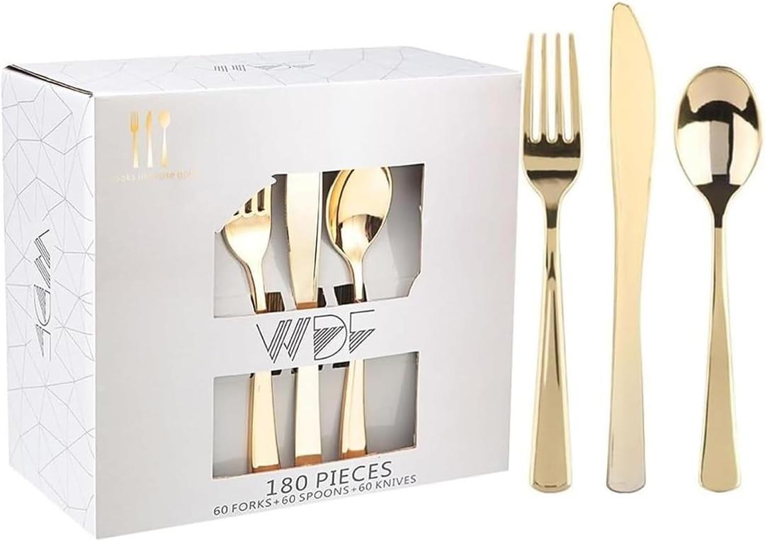 WDF 180 Pieces Disposable Plastic Gold Silverware Cutlery - Disposable Flatware Set 60 Forks, 60 Knives and 60 Spoons - Heavy Duty Gold Plastic Cutlery - Utensils for Baby Shower Wedding Spring
