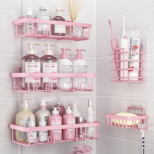 Liuoud 5 Pack Shower Caddy Organizer Rack Shelf for Inside Shower, Adhesive Bathroom Wall Storage Basket Rustproof Stainless Steel Shampoo Holder, Girly Bathroom Accessory Decor Set, Pink