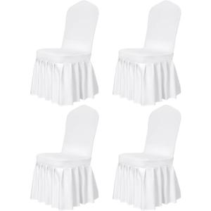 White Chair Covers with Long Skirt for Dining Room 4pcs Stretch Parsons Slipcovers with Skirt,Washable Universal Parson Chair Protector for Dining Room, Hotel, Ceremony, Party(White)