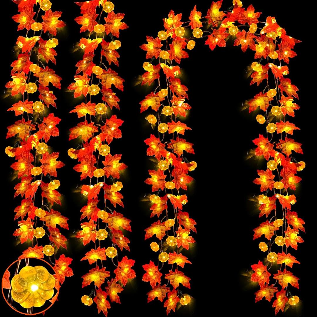 3Pack&Timer-Thanksgiving Decorations Fall Garland with Pumpkin Lights for Home,30Ft 60LED Thanksgiving Garland Lights Patented Enlarged Maples Leaf Battery Operated Indoor Outdoor Fall Christmas Decor