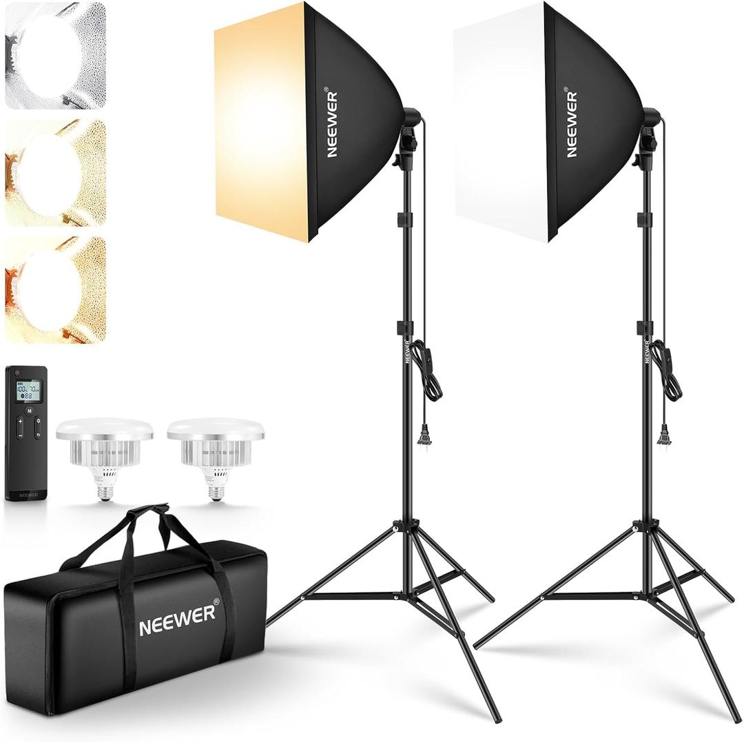 NEEWER 2 Pack 24"x24" Softbox Lighting Kit with Tripod Stands, 45W Bi Color 2.4G LED Bulbs, 10 Channels 2900K-7000K 1400lx/m CRI95, 66'/20m Remote Control, Photography Continuous Lighting Kit, NK103