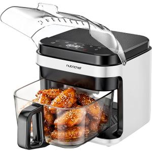 NutriChef 5.8 Quart Air Fryer | Glass Airfryer with 8-in-1 Digital Presets | Stainless Steel Fryer Design | Glass Fry Bowl with Flip-Up Safety Shield | Compact Air-Fryer for Even Cooking | White, 5.8 QT