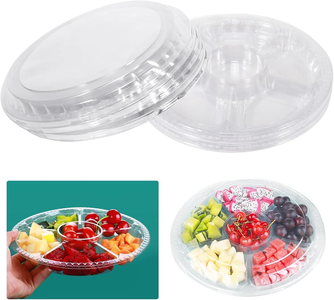 mwellewm 10 Pcs Round Plastic Appetizer Tray with Lid - Divided Serving Tray, Disposable Food Storage Trays Containers, Tray Storage, Kids Snack, Fruit Platter Vegetable Trays for Party and Buffet, 13.7 X 13.7 X 2 Inch
