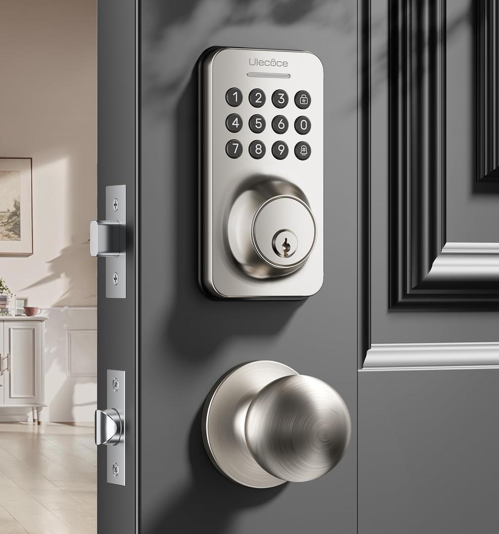 Keyless Entry Keypad Deadbolt with Handle Set, Smart Lock, Auto-Lock + One-Touch Lock, 100 Codes + Easy Install, Ideal for Airbnb/Homes/Offices, Fits U.S. Standard Front Doors, Satin Nickel