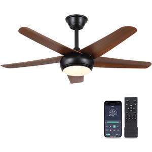 Low Profile Flush Mount Ceiling Fan with Lights - 44IN Modern Indoor/Outdoor Ceiling Fan Light with Remote/APP, Reversible DC Motor with 6 Speeds, Dimming, Brown