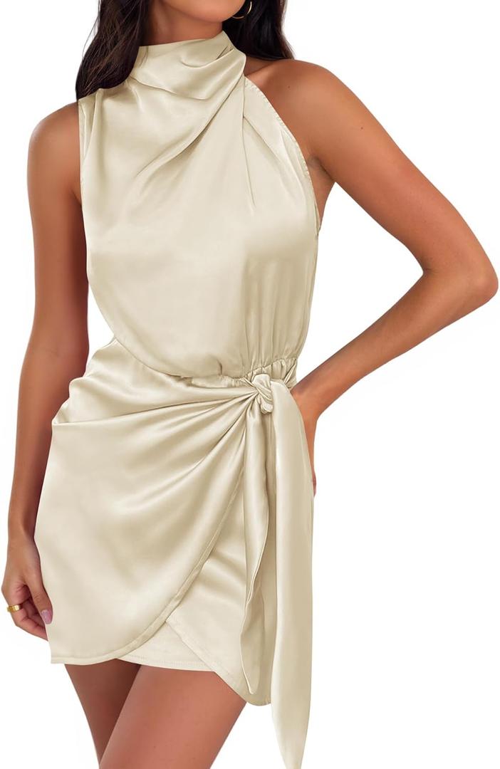 ZESICA Women's 2025 Fashion Satin Sleeveless Halter Neck Tie Waist Wrap Bodycon Cocktail Party Mini Dress (Medium, Champagne)