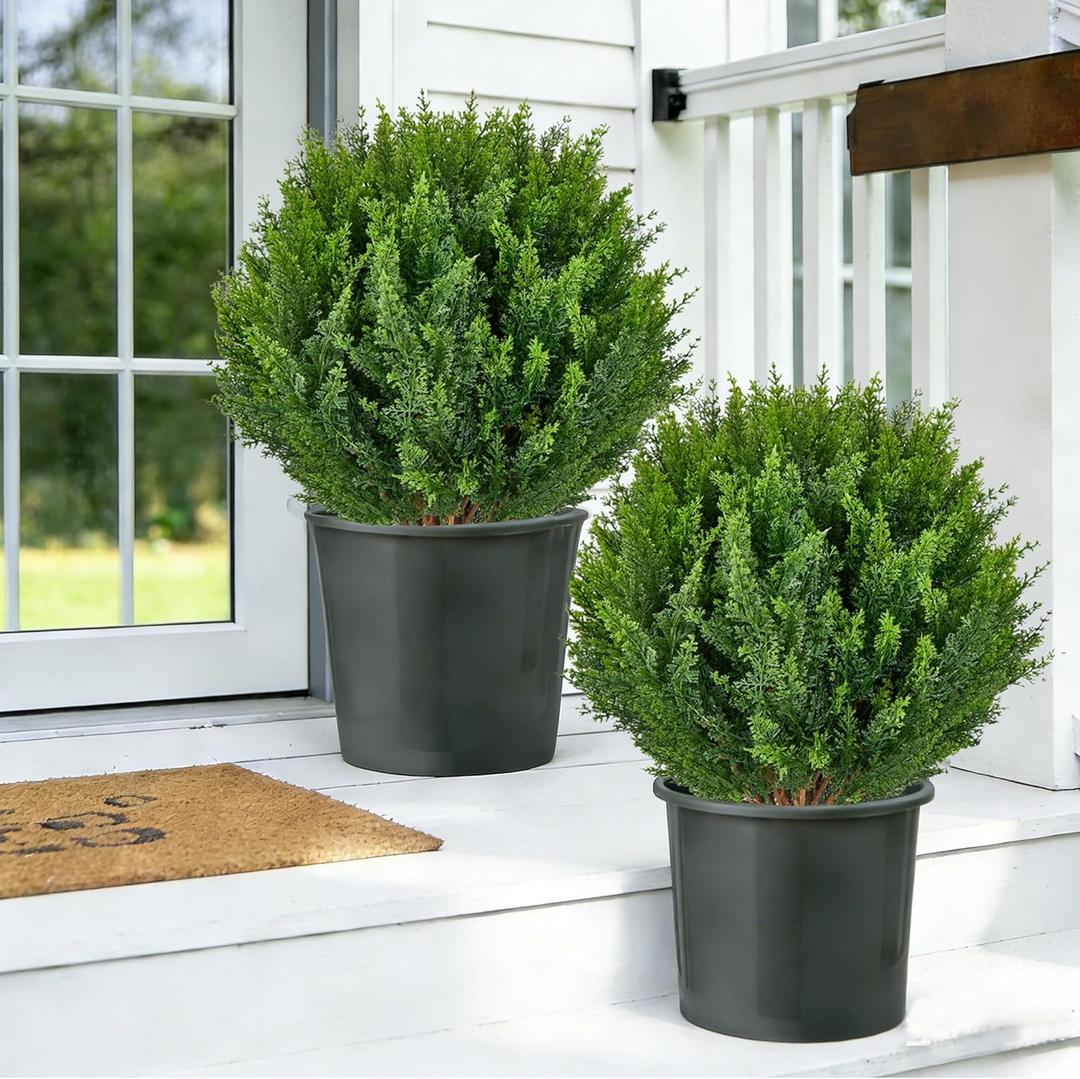 2PACK Artificial Topiary Ball Plants 21'' Cedar Tree with Ground Spike, UV Resistant Faux Plants Outdoor Cypress Artificial Plants Shrubs for Front Porch Outdoor Indoor Home Garden Office Decoration