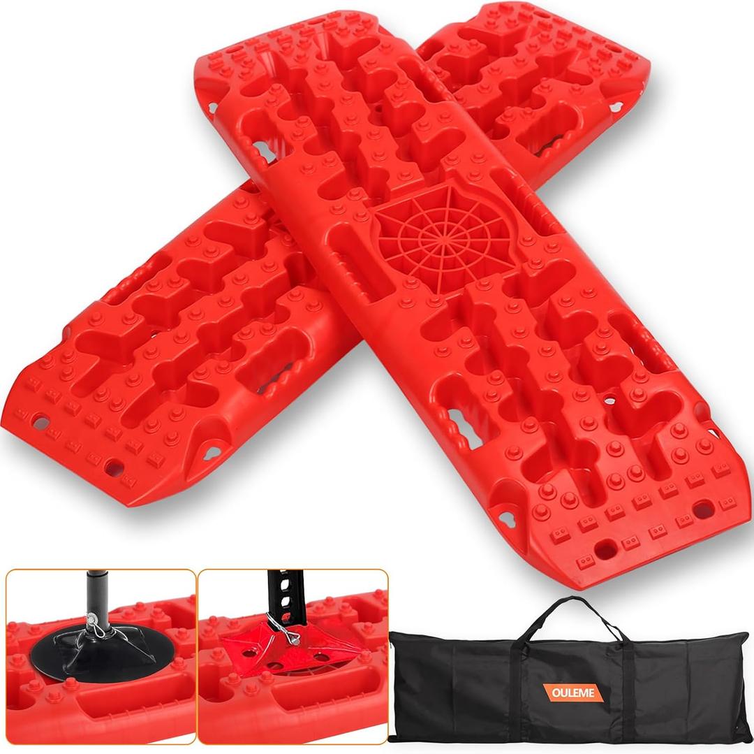 OULEME Off-Road Traction Boards with Jack Lift Base, Recovery Board for Sand, Mud, and Snow Tracks - Tire Traction Pads for RV Truck Jeep SUV (Red)