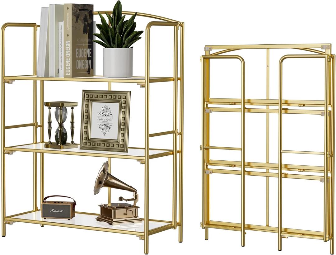 Crofy No Assembly Folding Bookshelf for Living Room, 3 Tier Gold Collapsible Book Shelf for Home Office, Portable Bookcase Storage Organizer (3 Tier Wider, Gold Frame & Transparent Shelf)