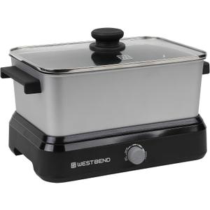 West Bend Versatility Slow Cooker Large Capacity Non-stick Cooking Vessel & Variable Temperature Heating Base Includes Travel Lid and Storage Bag, Range and Oven-Safe Cooking Pot, 5-Quart, Silver