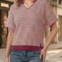 Fisoew Womens Short Sleeve Sweater Summer V Neck Striped Pullover Tops Casual High Low Loose Slit Cropped T Shirts Red (S)