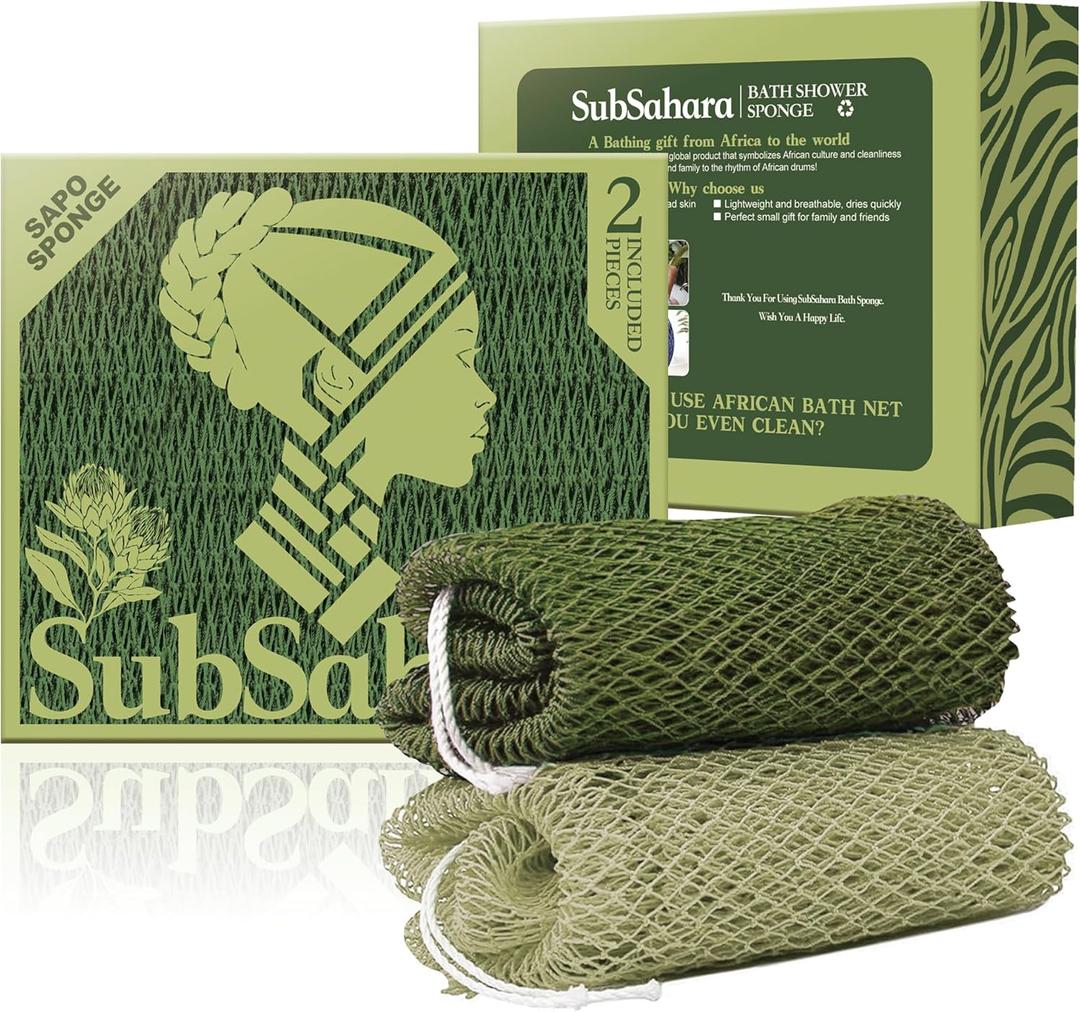 SubSahara Authentic African Net Sponge - 2 Pack Exfoliating Bath & Shower Loofah Sponge for Body & Face, Gentle Scrubber for All Skin Types, Travel, Durable Polyester (Olive Green & Light Green)