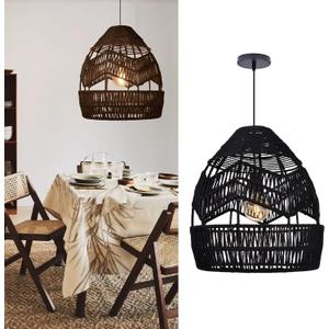 Arturesthome Black Chandelier Metal Hemp Rope Wicker Pendant Lights, Retro Home Hanging Ceiling Lighting Lamp Bedroom Kitchen Cafe Bar
