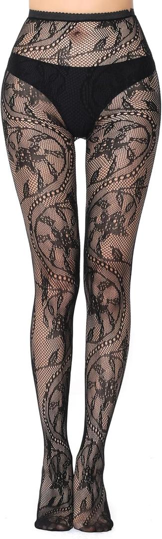 Buauty Fishnet Tights Patterned Fish Net Stockings Floral High Waist Pantyhose Black Lace Thigh High Stocking Party Halloween (One Size, Black Skull-small)