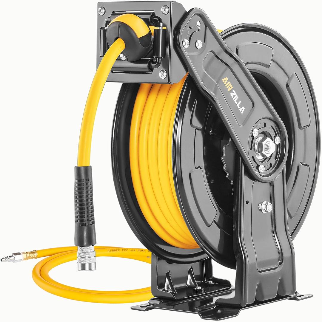 Premium Steel Retractable Air Hose Reel With Dual Arm, 3/8"x65Ft Hybrid Polymer Hose, Heavy Duty Air Hose Reel included Auto Rewind Reel | Quick Air Coupler | Durable Double side Frame